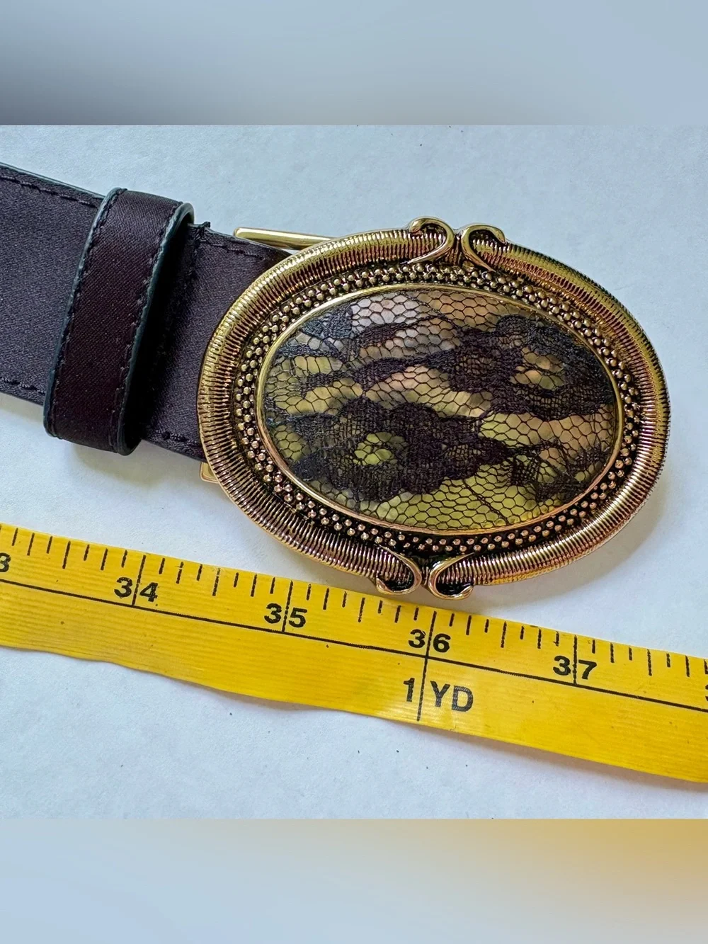 Chico’s vintage Y2K satin leather belt with oval gold gem buckle lace sz S/M EUC